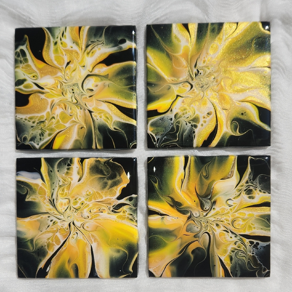 Hand Crafted Resin Painted Coasters Metallic Home Decor Decorative Drink Set 4